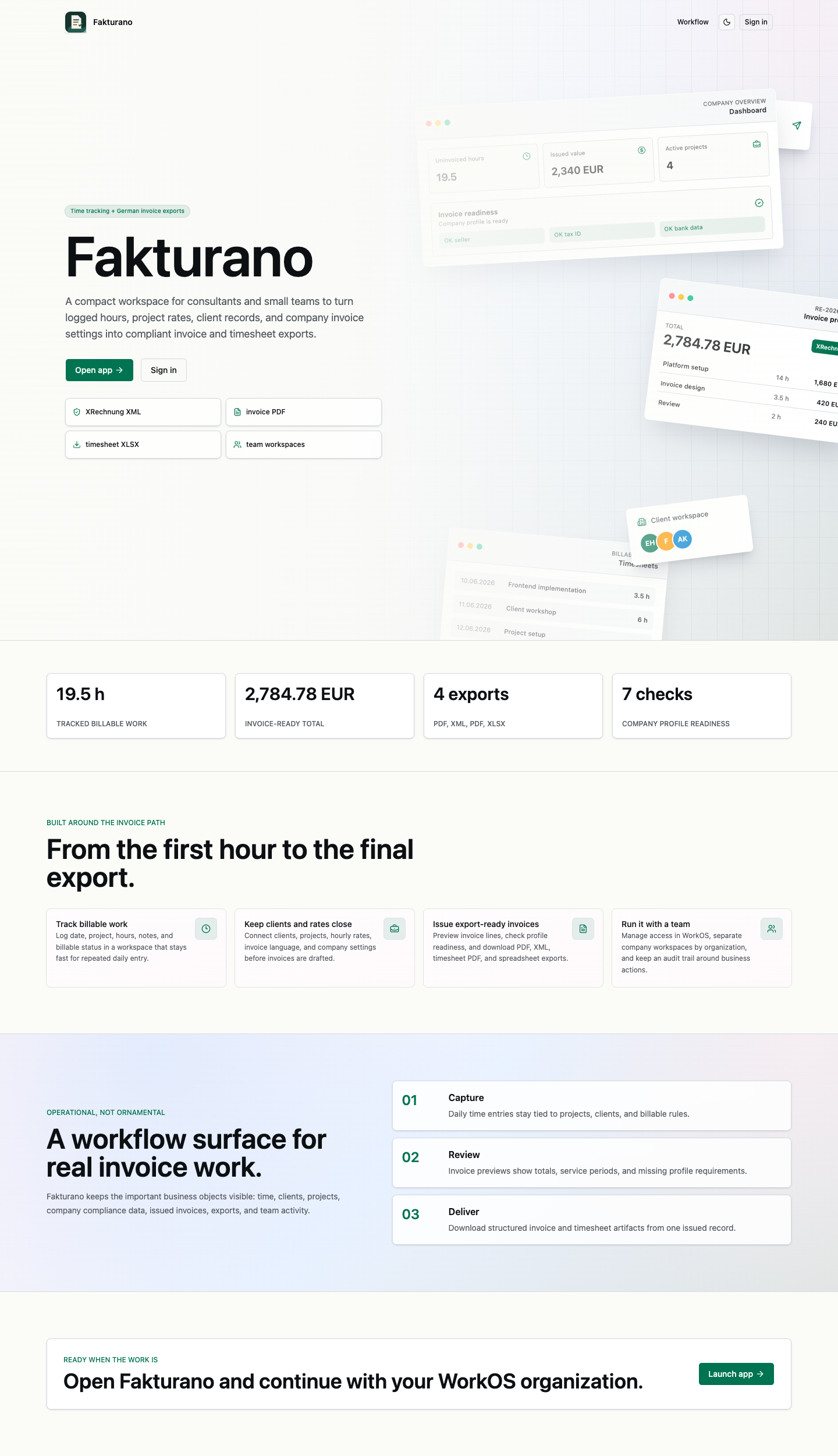 Full Fakturano landing page with hero, workflow cards, export metrics, and invoice workflow sections