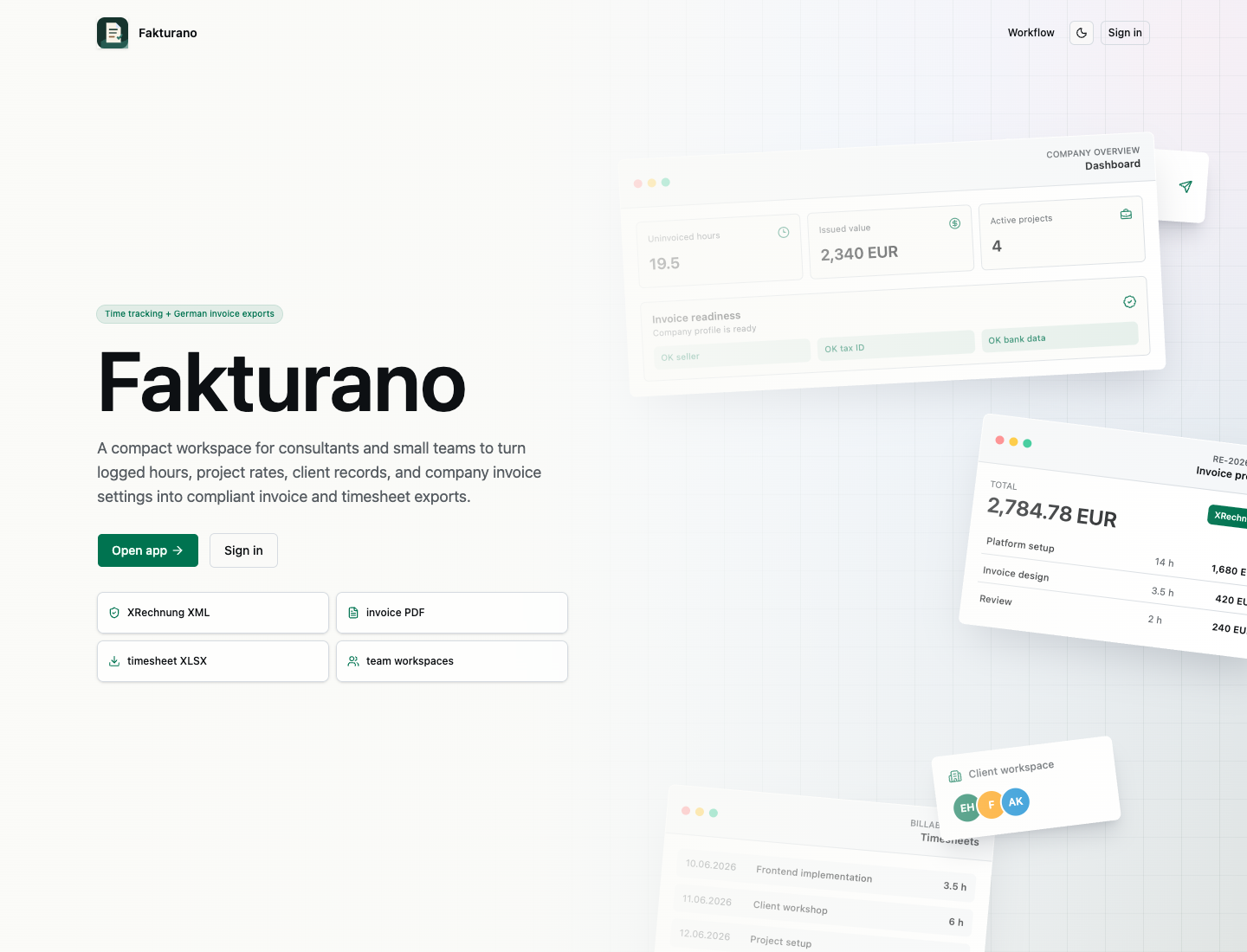 Fakturano landing page showing time tracking, German invoice exports, XRechnung XML, invoice PDF, timesheet XLSX, and team workspaces